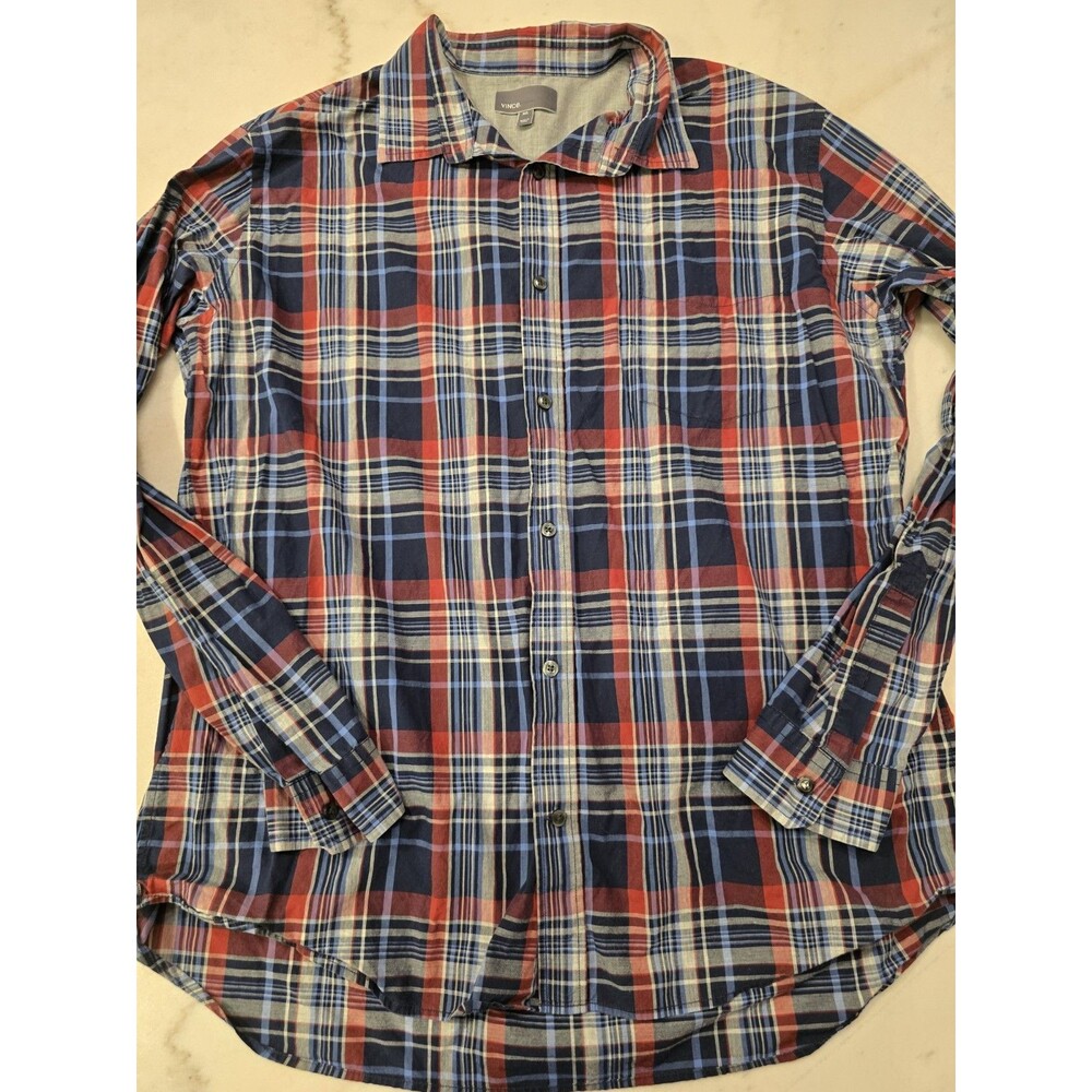 Vince Men's XXL Long Sleeve Plaid Casual Button Down Shirt Red Navy Blue Cotton